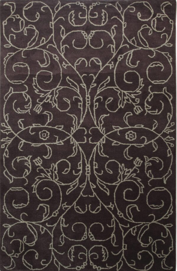 Rectangular dark brown rug featuring a symmetrical light taupe repeating vine and floral scroll pattern.