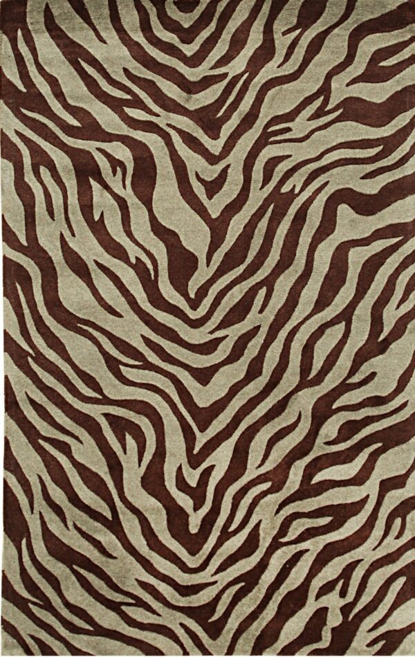 Textured rug displaying a brown and taupe zebra stripe pattern across its entire surface.
