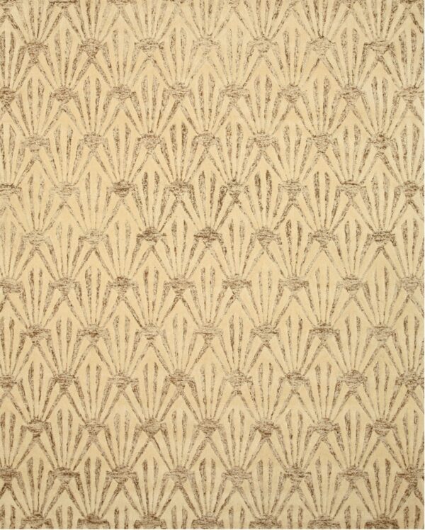 Beige rug featuring an all-over repeating textured brown art deco fan motif in a carved high-low pile.