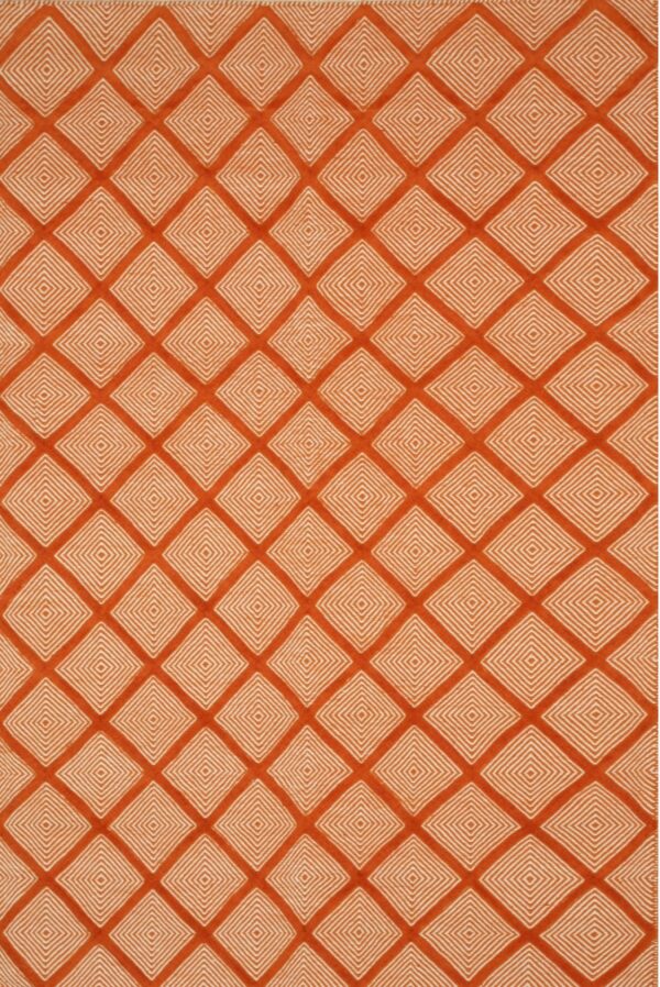 Refined luxurious yellow handmade wool rug 1 Burnt orange rug with a continuous repeating geometric pattern of white concentric diamonds.