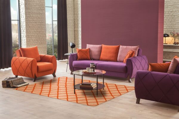 Refined luxurious yellow handmade wool rug 4 A flatweave orange and white concentric square rug anchors a purple and orange living room setup on wood flooring.