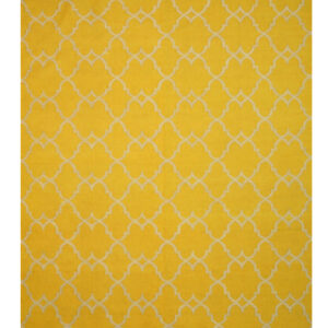 Bright yellow rug with a repeating off-white quatrefoil pattern and short visible fringe.
