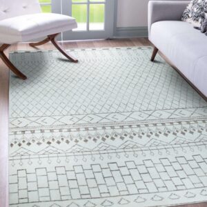 Geometric cream and brown patterned rug on wood floor with a modern white chair and gray couch.