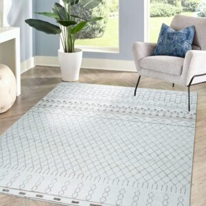A white rug with brown geometric patterns covers chevron flooring in a bright room with a plant and chair.