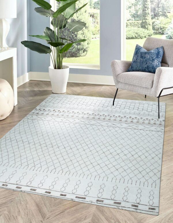 A white rug with brown geometric patterns covers chevron flooring in a bright room with a plant and chair.