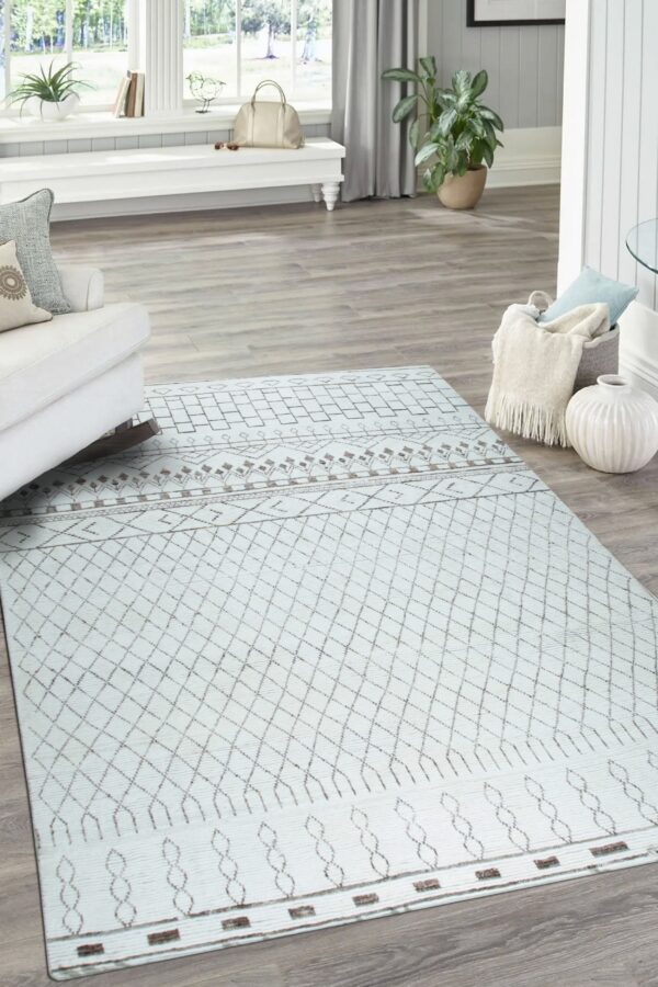 Light blue geometric rug featuring brown diamonds sits on gray wood flooring in a bright sunlit room.