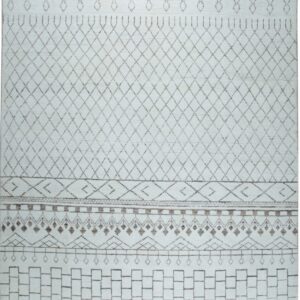 Off-white rug with dark brown geometric patterns, featuring a large central diamond trellis and diverse borders.