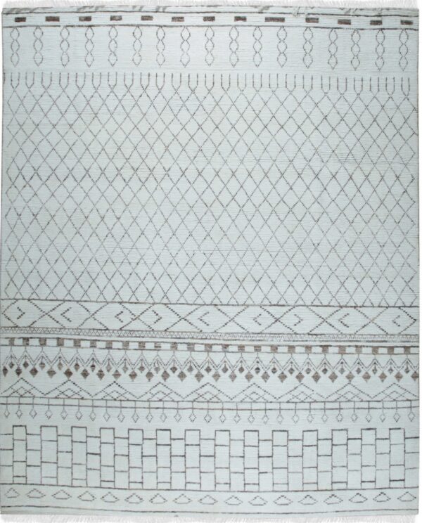 Off-white rug with dark brown geometric patterns, featuring a large central diamond trellis and diverse borders.