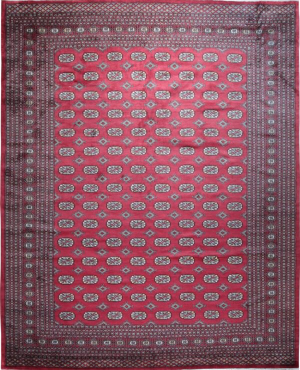 Full view of a red rug featuring repeating gray geometric guls and diamonds within a multi-band dark border.
