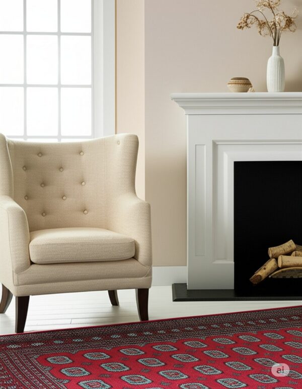 Red rug with blue and gray geometric patterns next to a cream chair and white fireplace.