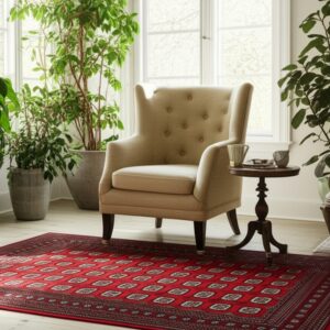 A rectangular red rug with geometric motifs grounds a tan wingback chair on a light wood floor.