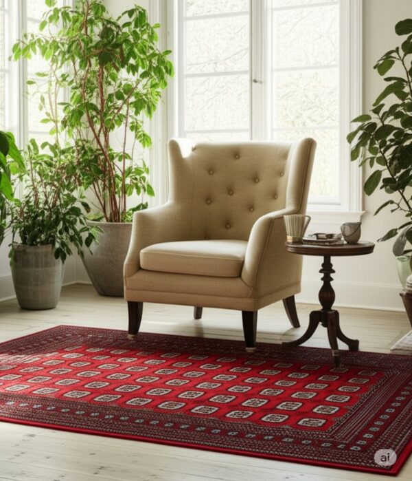 A rectangular red rug with geometric motifs grounds a tan wingback chair on a light wood floor.