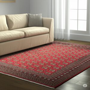 Low-pile red rug featuring beige and maroon traditional patterns anchors a cream sofa near a bright window.