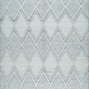 Textured ivory rug featuring geometric gray diamonds, zigzag lines, and knotted fringe edges.