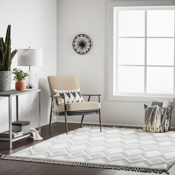 White and gray zigzag rug with fringe in a bright room featuring an armchair and dark floors.