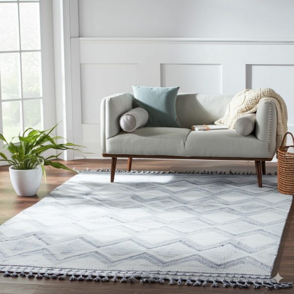 White and gray chevron rug with tassels anchors a light sofa in a bright room with dark wood flooring.