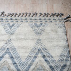 A nubby cream rug with blue geometric designs and braided fringe rests on light plank flooring.
