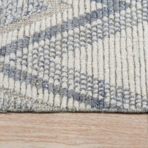High-pile rug detail showing ribbed texture and a diagonal pattern in white, blue, and gray on a wood floor.