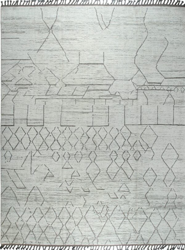 White textured rug featuring dark gray abstract geometric lines, diamonds, and fringe.