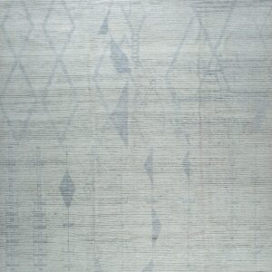 Light gray ribbed rug featuring distressed blue-gray geometric shapes and short gray fringe on both ends.