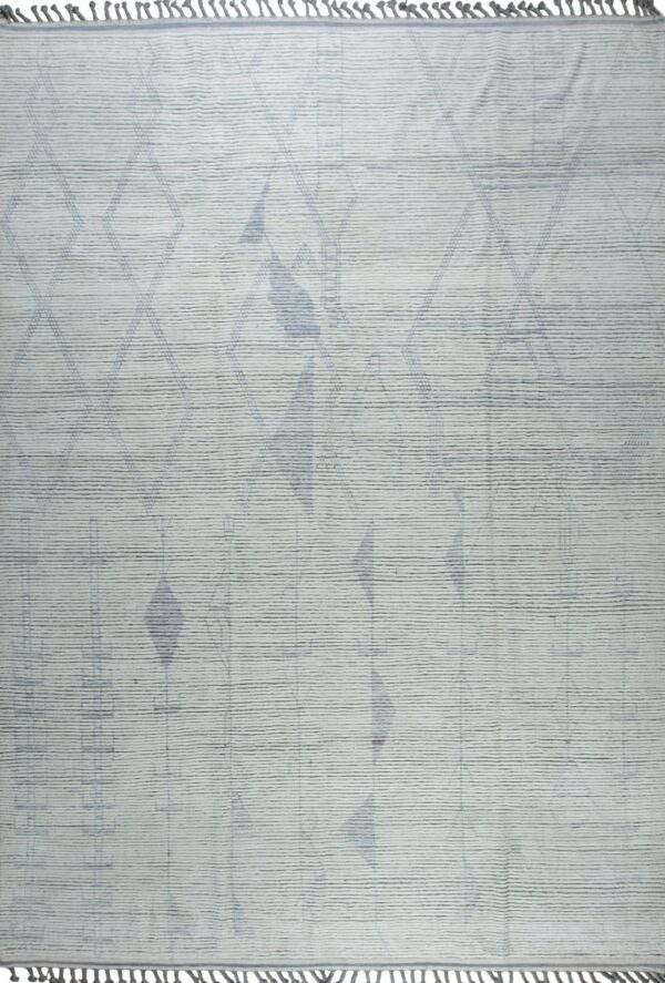 Light gray ribbed rug featuring distressed blue-gray geometric shapes and short gray fringe on both ends.