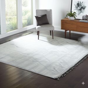 Textured gray rug with subtle patterns and fringe beneath a light gray chair and wood cabinet.