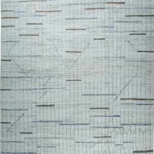 Textured gray and blue rug with a vertical grid pattern, taupe accents, and gray knotted fringe.