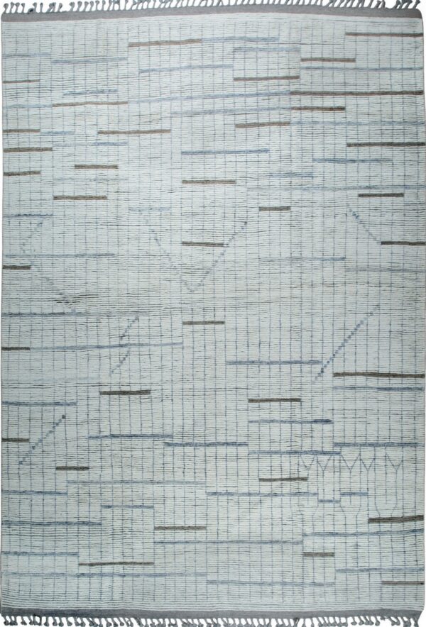 Textured gray and blue rug with a vertical grid pattern, taupe accents, and gray knotted fringe.