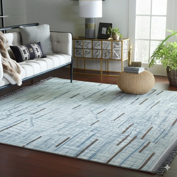 A blue and white abstract patterned rug grounds a modern living space with a white sofa and dark wood floors.