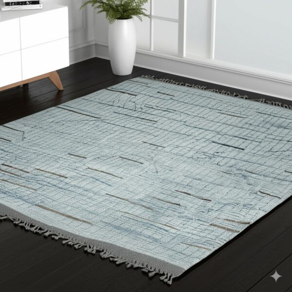 Light blue flatweave rug with abstract gray and brown lines rests on dark wood floors.