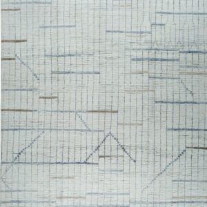 Off-white textured rug featuring a geometric grid pattern of blue and taupe dashed lines and tassels.