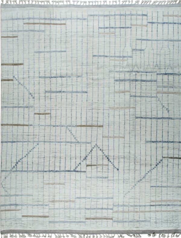 Off-white textured rug featuring a geometric grid pattern of blue and taupe dashed lines and tassels.