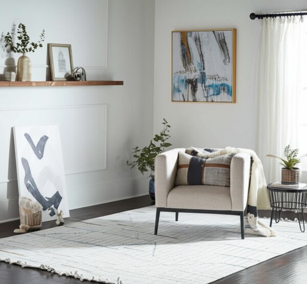 White textured rug with subtle blue grid pattern under a beige armchair on dark wood floors.