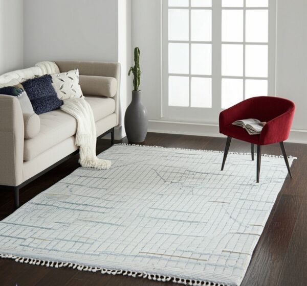 White low-pile rug with a blue grid pattern and tassels anchors a living room with dark wood floors and neutral seating.