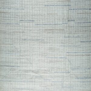 Off-white ribbed rug displaying a faint abstract grid pattern in gray, blue, and tan.