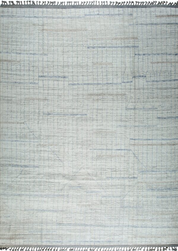 Off-white ribbed rug displaying a faint abstract grid pattern in gray, blue, and tan.