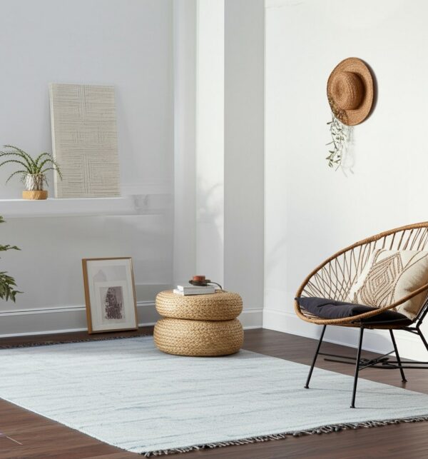 Pale blue area rug with fringe anchors a woven chair and poufs on dark wood flooring.