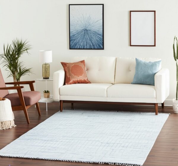 Low-pile light blue rug with a diamond pattern and pom-pom trim beneath a white couch.