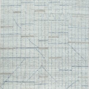 Cream textured rug featuring a gridded geometric design in pale blue and taupe, with grey fringe.