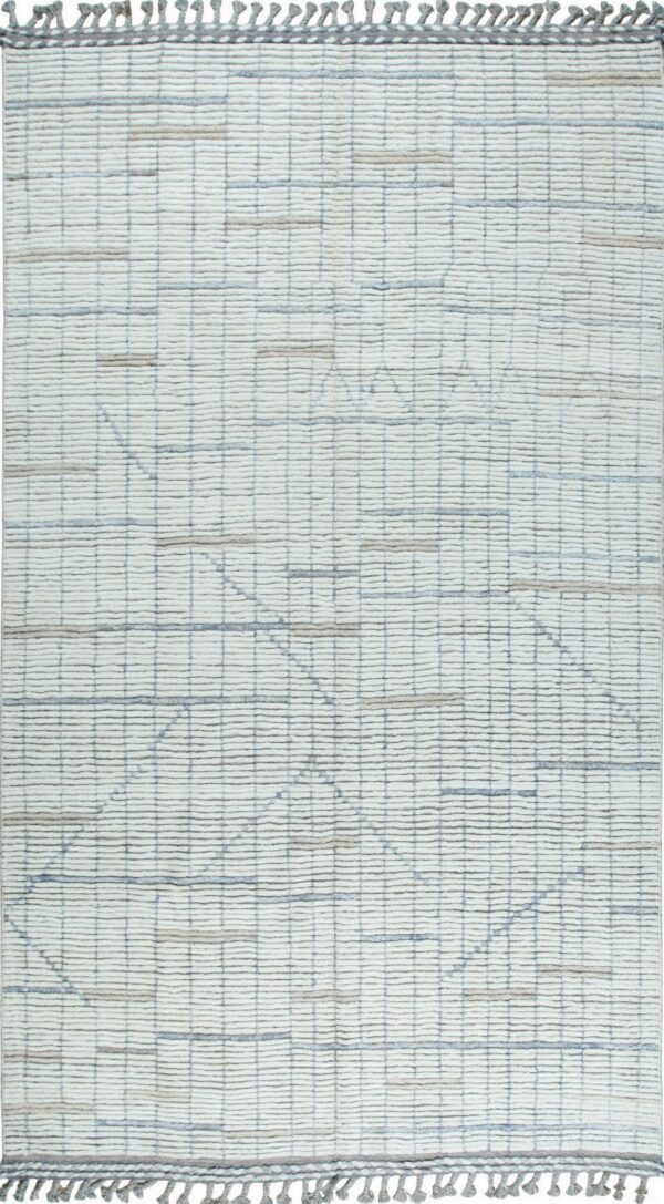 Cream textured rug featuring a gridded geometric design in pale blue and taupe, with grey fringe.