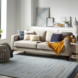 A low-profile blue and gray plaid rug with fringe anchors a neutral living room on wood flooring.