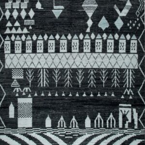 Dark gray high-pile rug featuring light gray geometric and figural patterns in banded sections.