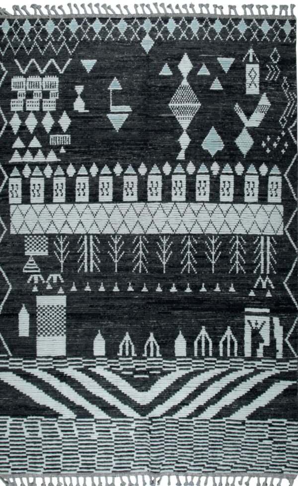 Dark gray high-pile rug featuring light gray geometric and figural patterns in banded sections.
