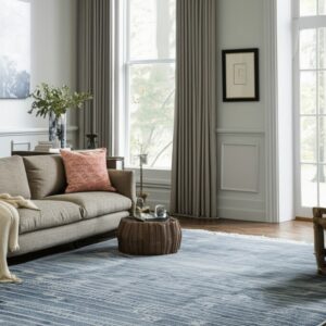 The blue patterned rug grounds a bright living room featuring a tan sofa, woven table, and gray curtains.