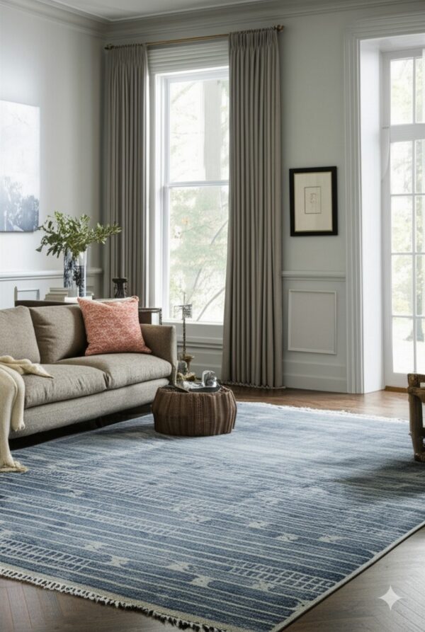 The blue patterned rug grounds a bright living room featuring a tan sofa, woven table, and gray curtains.
