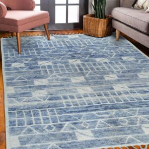 Blue and light geometric rug with tassels on a wood floor next to pink and gray seating.