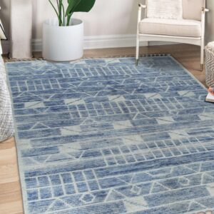 Blue and white geometric rug with tassels on wood flooring, next to a white chair and large potted plant.