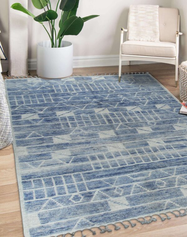Blue and white geometric rug with tassels on wood flooring, next to a white chair and large potted plant.