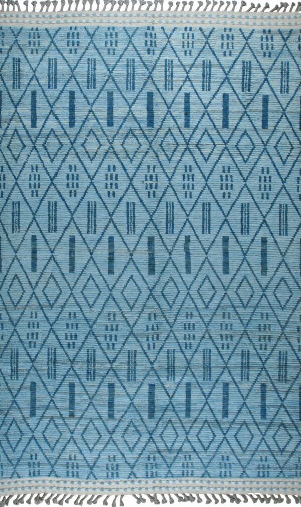 Textured blue rug with dark geometric diamond patterns and thick grey tassels on the ends.