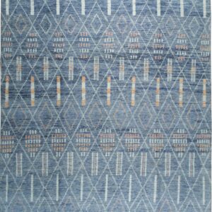 Plush blue rug with white diamond and peach stripe geometric patterns, finished with short tassels.